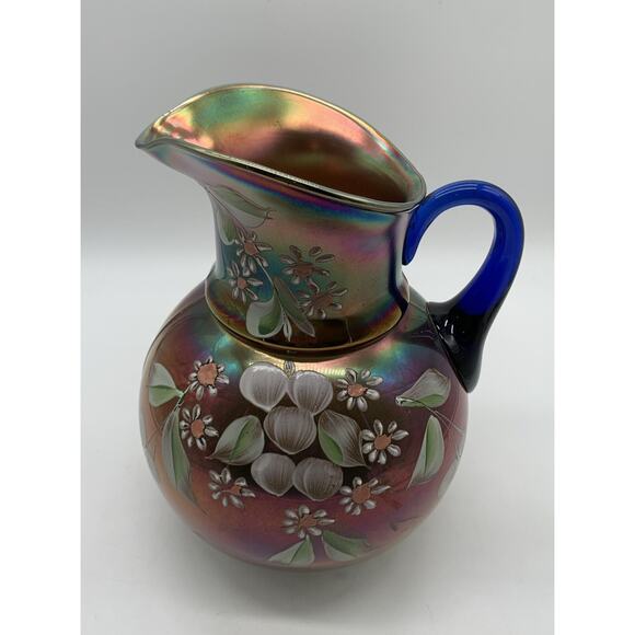 Vintage Cobalt Carnival Glass Cherry Blossom Water Pitcher Irredescent Read!! - Picture 12 of 13